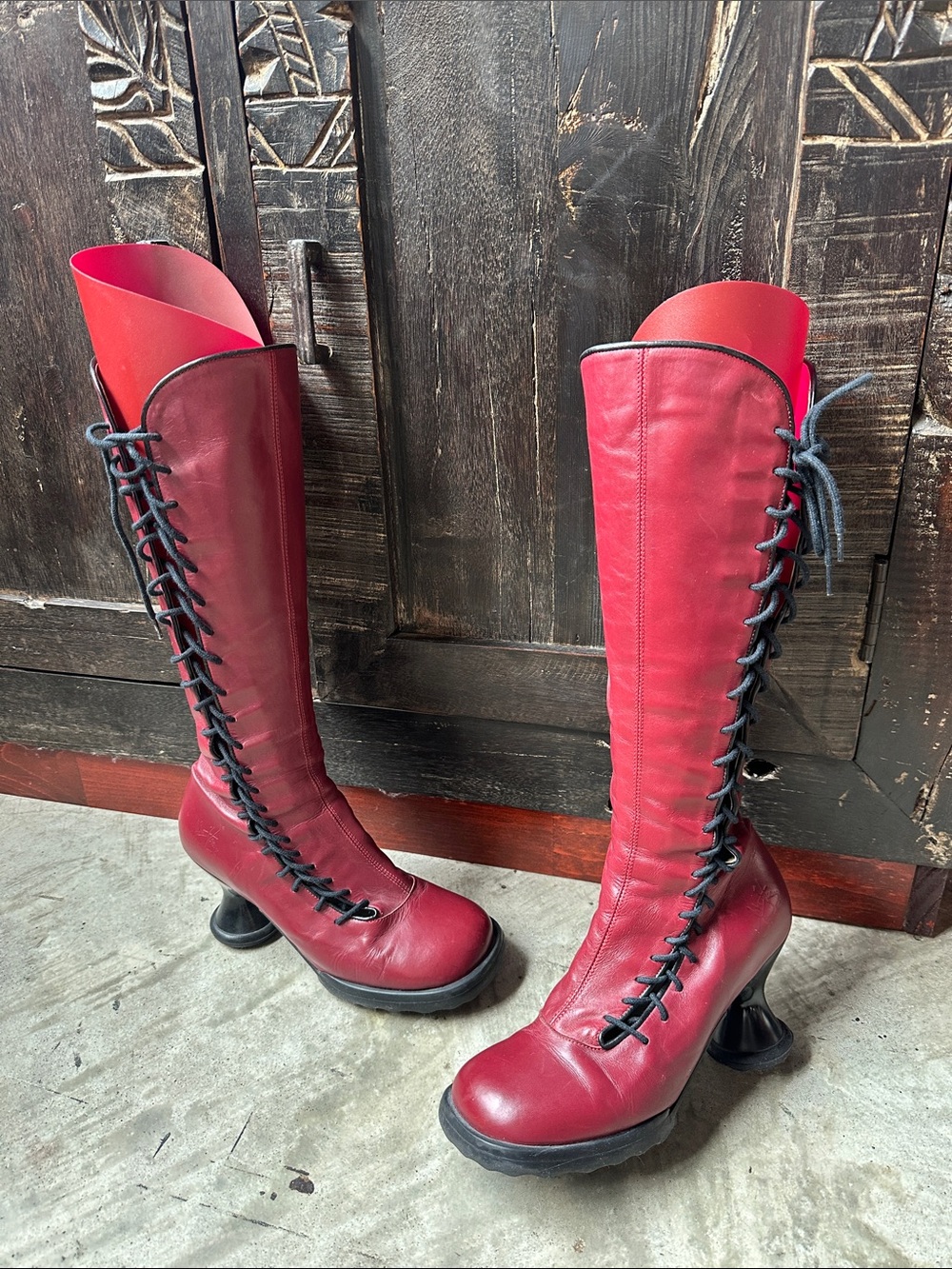 Rare John Fluevog Red Sugars Lace-Up Knee Boots with Sculpted Heels